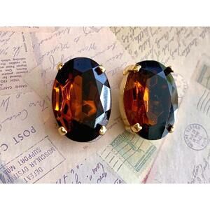 Kirks Folly Earrings, Vintage Clip On, Faceted Amber Glass, Gold Tone Studs